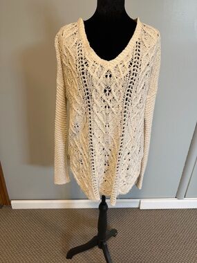 Free People Cream Chunky Knit Sweater | Oversized Boho | Best for Small